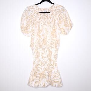 SABO LUXE Camari Linen Dress Smocked Patterned Ruffle Hem White Beige Women's L